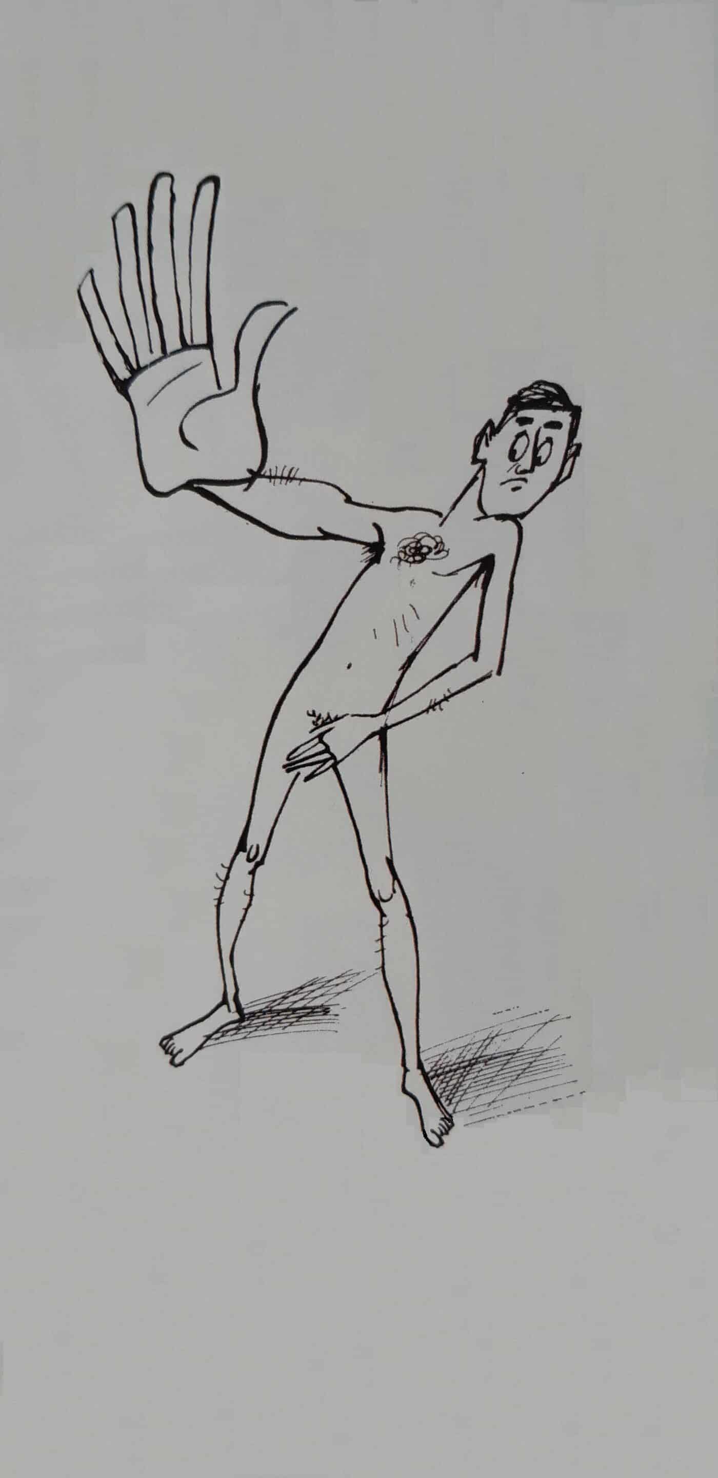 Gymnophobie überwinden | Zeichnung eines sich genierenden Mannes in typischer Pose